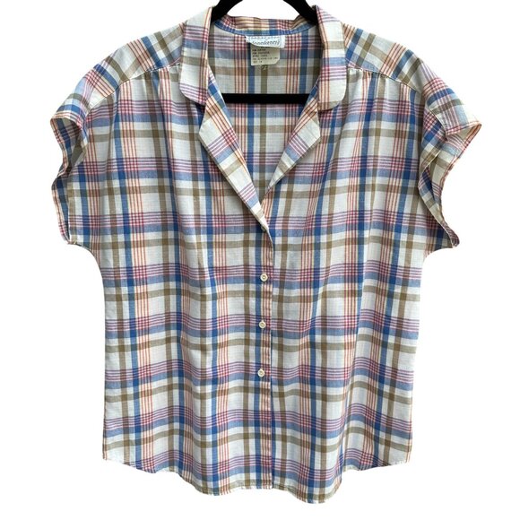 Donnkenny Vintage 70s 80s Womens Retro Plaid Button-Up Cap Sleeve Shirt 18 - Picture 1 of 9